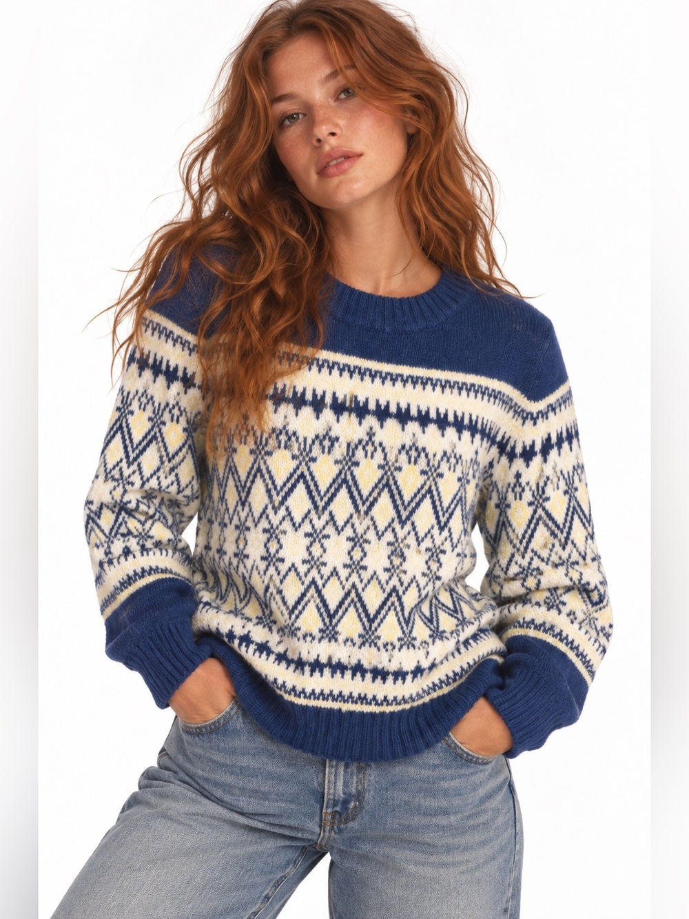 LOFT Fair Isle Sweater Women’s Small Blue Cream Yellow Nordic Knit Pullover